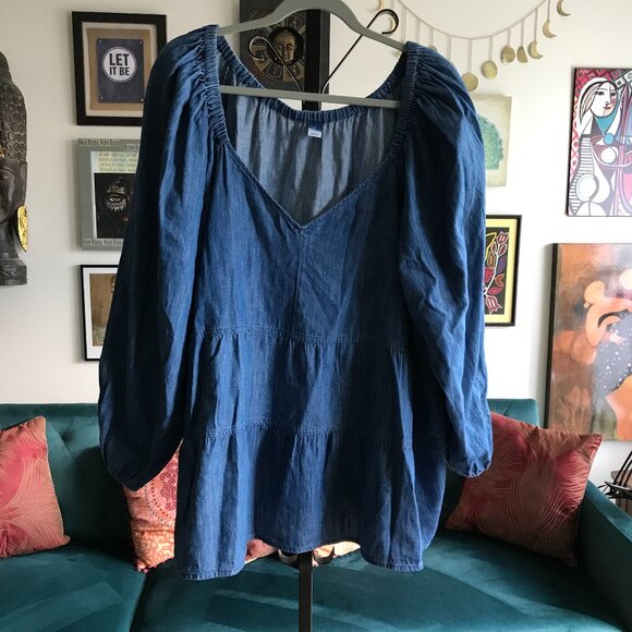 OLD NAVY size 3X Chambray Blue Denim Tiered Peasant Top Boho Bohemian NWT - Picture 1 of 5